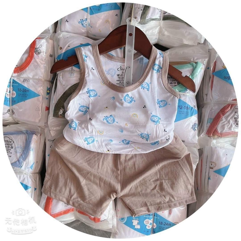 Bộ ba lỗ Avaslew túi zip áo trắng quần màu, cotton lạnh co giãn 4 chiều mềm mịn thoáng mát cho bé (6-16kg)