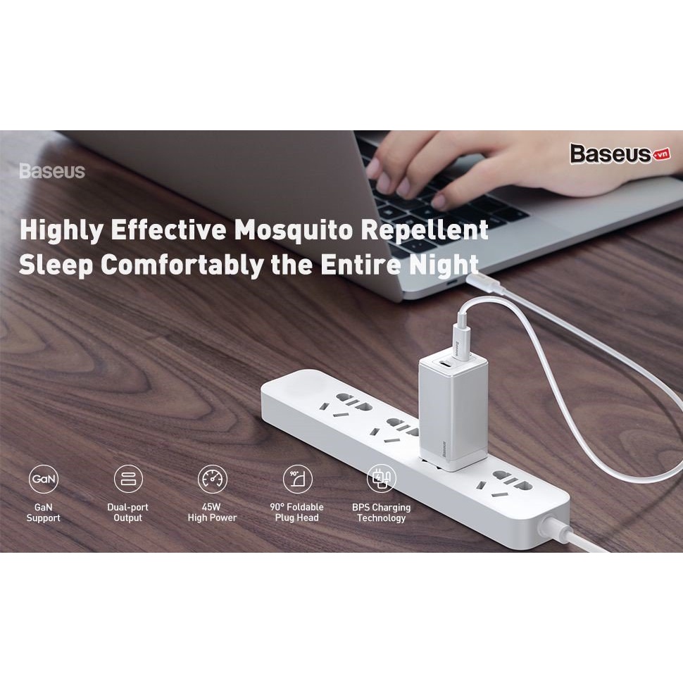 Bộ sạc nhanh thế hệ mới Baseus GaN 45W Mini Travel Quick Charger kèm cáp type C - C cho Smartphone / Tablet / Laptop