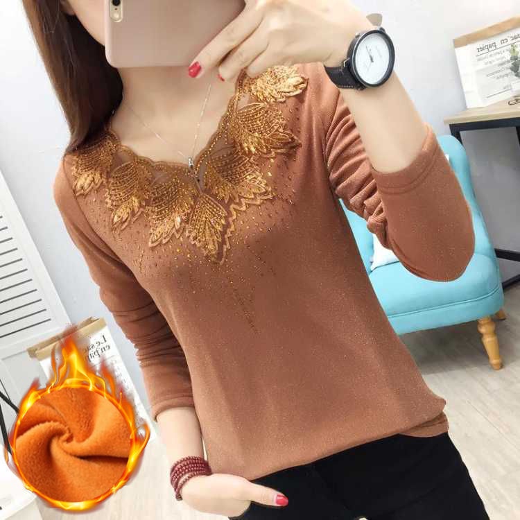 Áo thun tay dài cổ chữ V bằng vải nhung phối ren thời trang thu đông cho phụ nữ trung niên