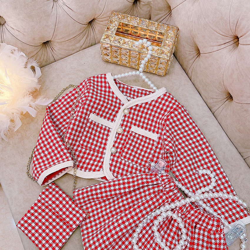 SET VÁY DẠ CADIGAN DÀI TAY HỌA TIẾT HOUNDSTOOTH KÈM TÚI ĐEO CỰC XINH CHO BÉ GÁI SIÊU ẤM ÁP SIZE 15-34KG [V28]