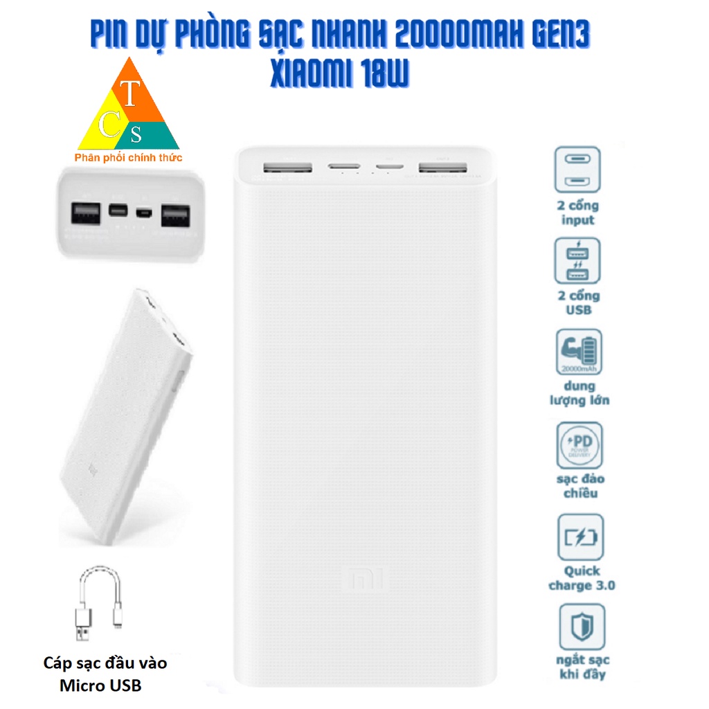 Sạc Dự Phòng Pin dự phòng 20000mAh Gen3 Xiaomi sạc nhanh 18w