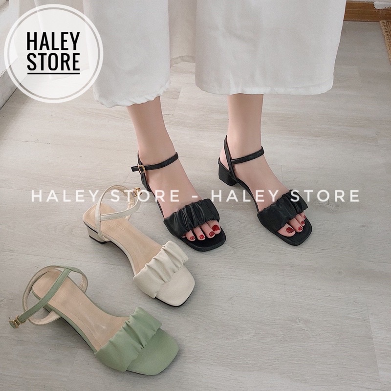 Giày sandal  mnữ quai ngang nhúm nhún mũi vuông gót vuông 5p đi chơi đi tiệc đi làm HALEY STORE