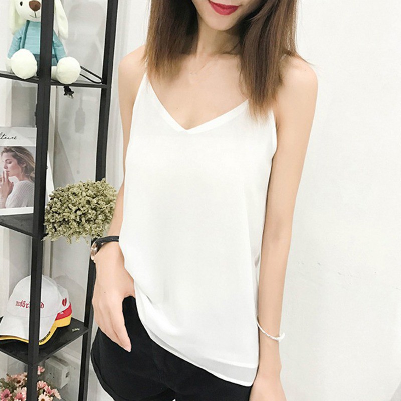 Áo chiffon hai dây form rộng cổ chữ V nữ tính thời trang
