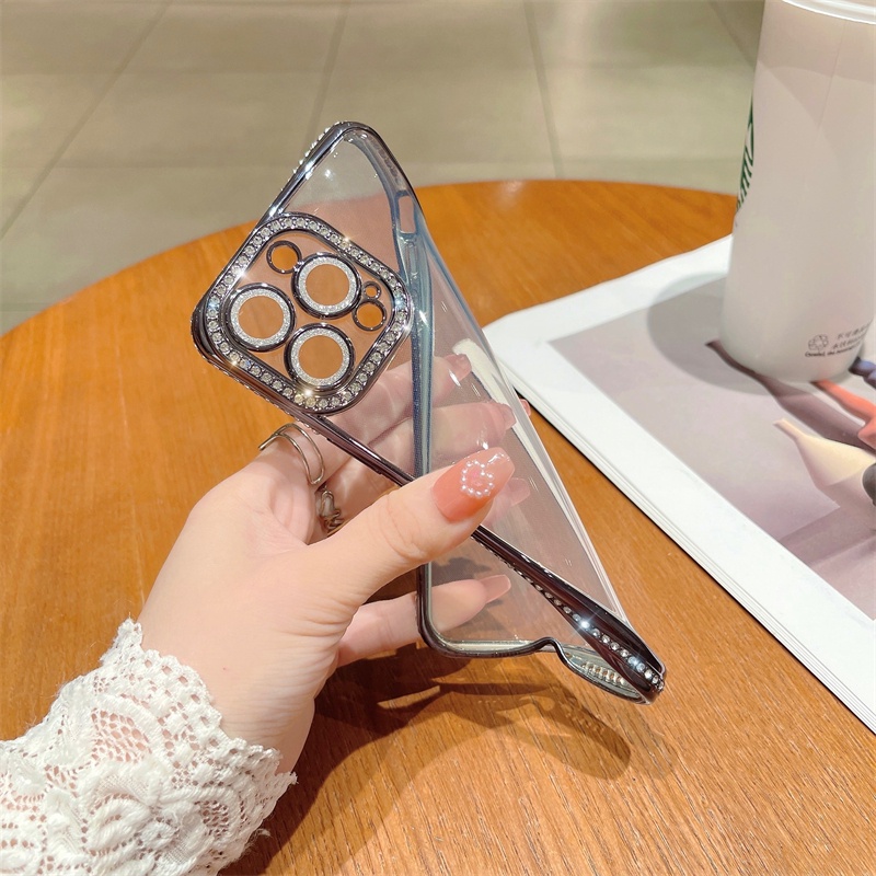 Ốp Điện Thoại Trong Suốt Đính Kim Cương Bảo Vệ Ống Kính Máy Ảnh Cho Iphone 13 14 Pro Max 11 12 Pro Max