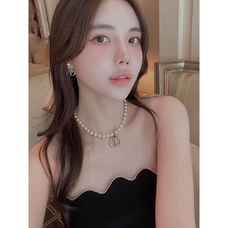 Set khuyên tai + vòng cổ CD ngọc trai nhân tạo đính đá siêu cấp, dây chuyền nữ dễ đeo sang chảnh, choker nữ hàng loại 1