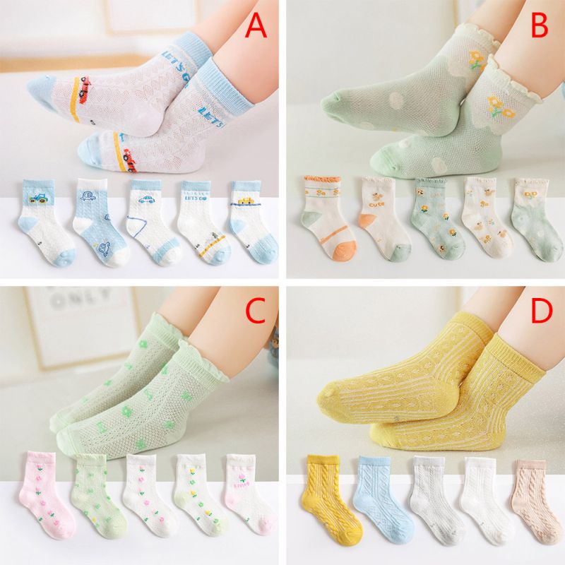 Bộ 5 Đôi Vớ Cotton Mỏng Phối Lưới Thoáng Khí Dành Cho Bé