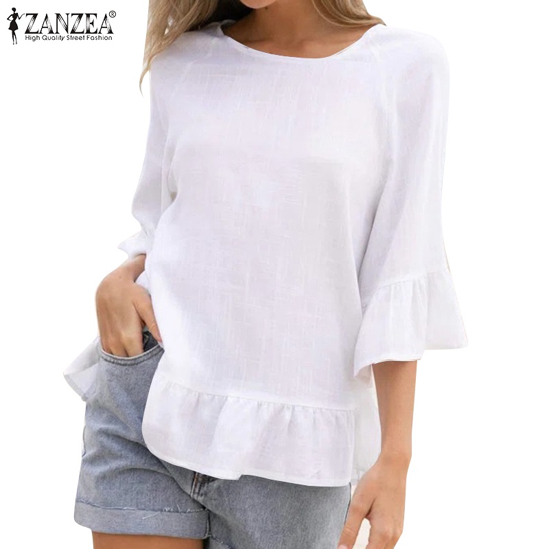 Áo Kiểu Cổ Tròn Tay 3/4 Nhún Bèo Màu Trơn Phong Cách Vintage ZANZEA Dành Cho Nữ