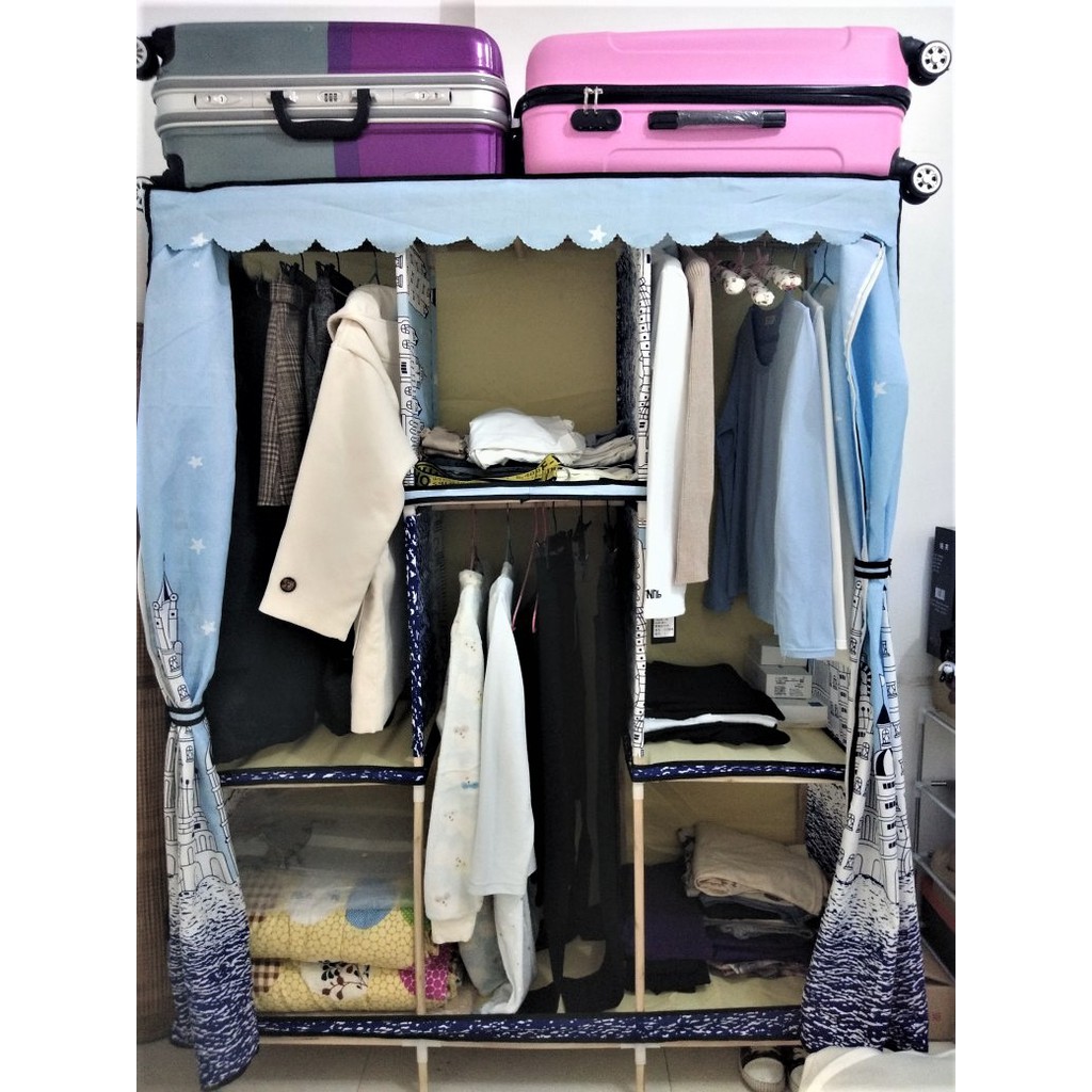 Tủ vải khung gỗ 3 buồng 6 ngăn tủ kệ đựng quần áo khung gỗ cỡ lớn loại 1