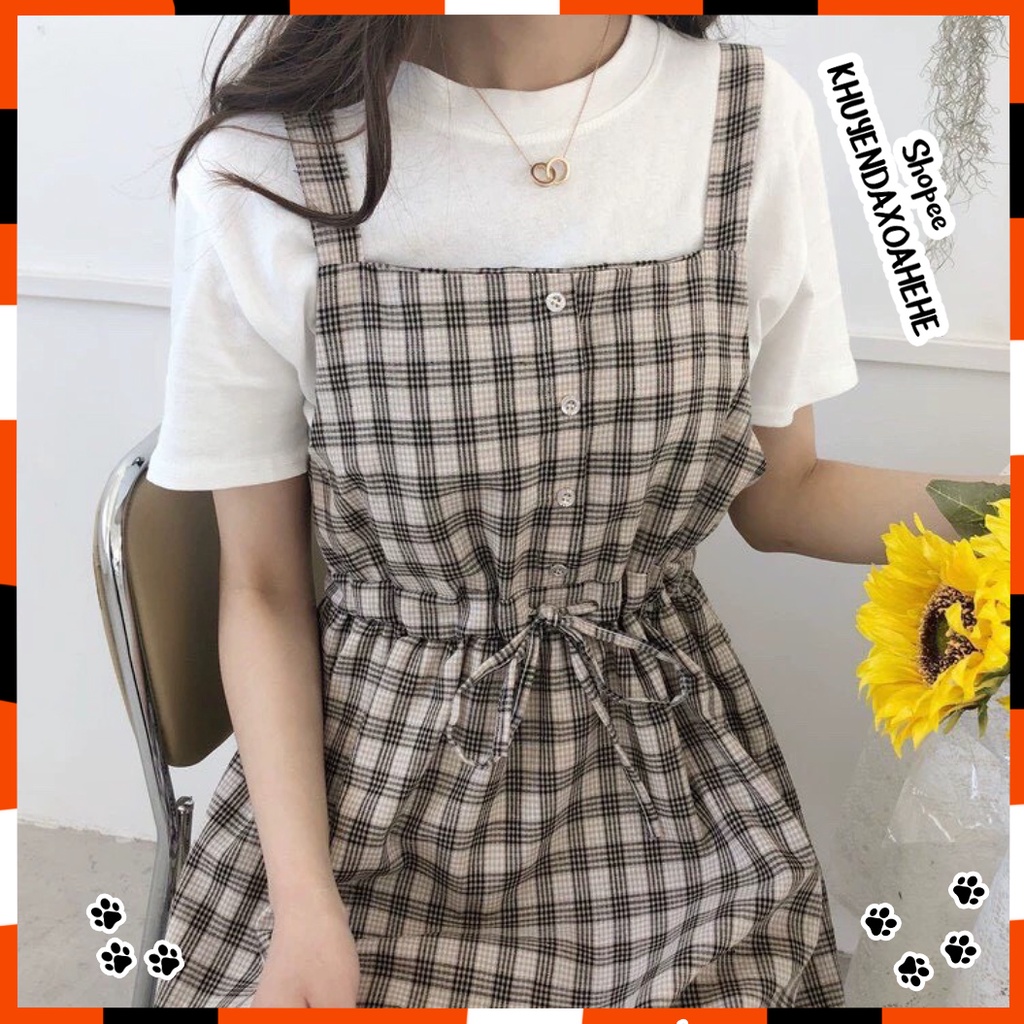 V002 Váy yếm kẻ 2 dây buộc eo ulzzang nhẹ nhàng nữ tính,Váy kẻ caro dáng dài Hàn Quốc cute dễ thương trẻ trung vintage