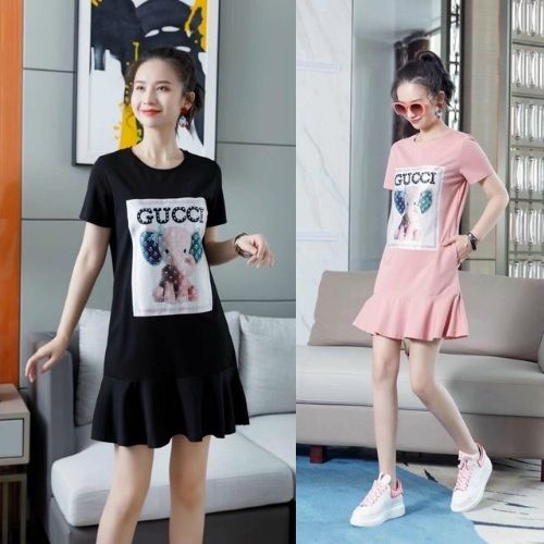 Đầm Thun Dáng Ôm Đuôi Cá Xếp Tầng Xinh Xắn Tay Ngắn Bigsize Họa Tiết Chữ Kèm Đính Đá Hàng Quảng Châu Cao Cấp