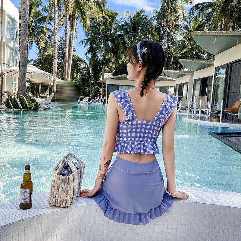 Bộ Đồ Bơi Hai Mảnh Họa Tiết Sọc Caro Kèm Quần Boxer Thời Trang Mùa Hè Cho Nữ