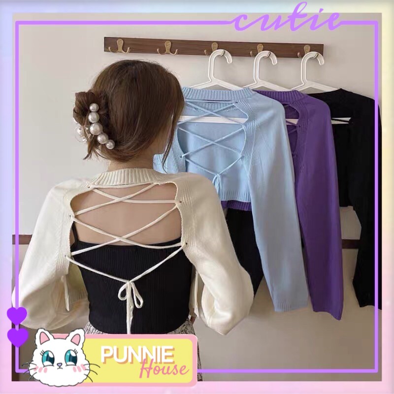 ÁO LEN CROPTOP 🎀[Có ảnh thật]🎀 TAY DÀI HỞ LƯNG DÂY ĐAN CHÉO ✨ PHONG CÁCH HÀN QUỐC QUYẾN RŨ DỄ THƯƠNG