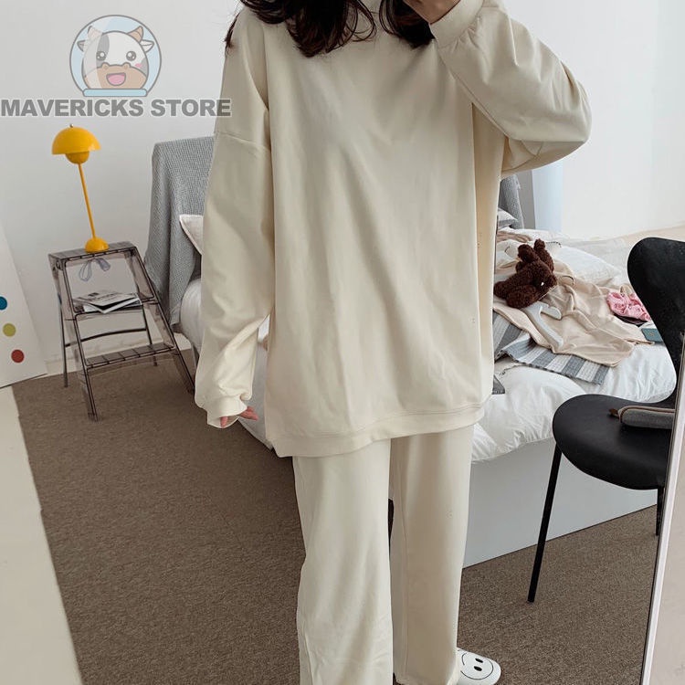 Bộ Trang Phục Hai Mảnh Gồm Áo Thun cotton Tay Dài Cổ Tròn Dáng Rộng Thời Trang Hàn Quốc Cho Nữ