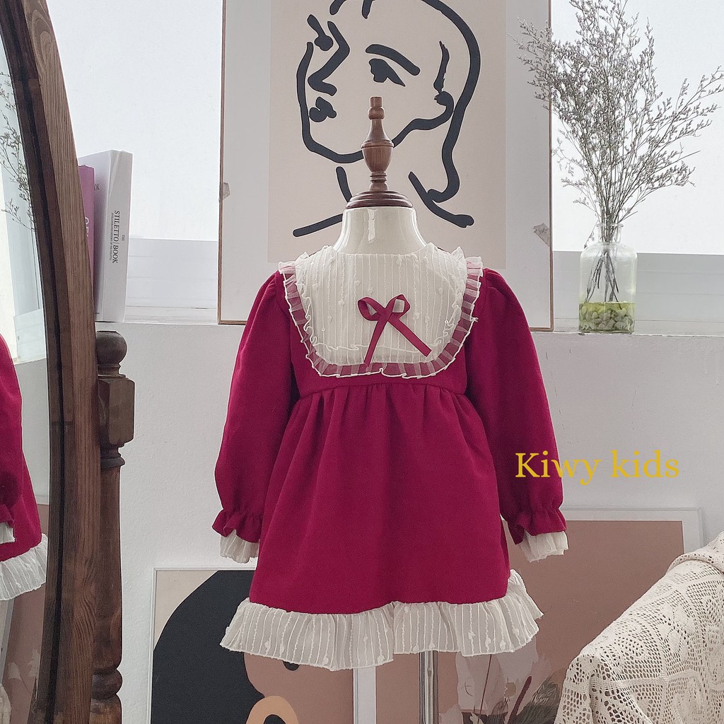 Váy đỏ noel cho bé gái Kiwy Kids chất liệu nhung tăm kiểu dáng babydoll Kids22 cho bé 9 tháng 6 tuổi