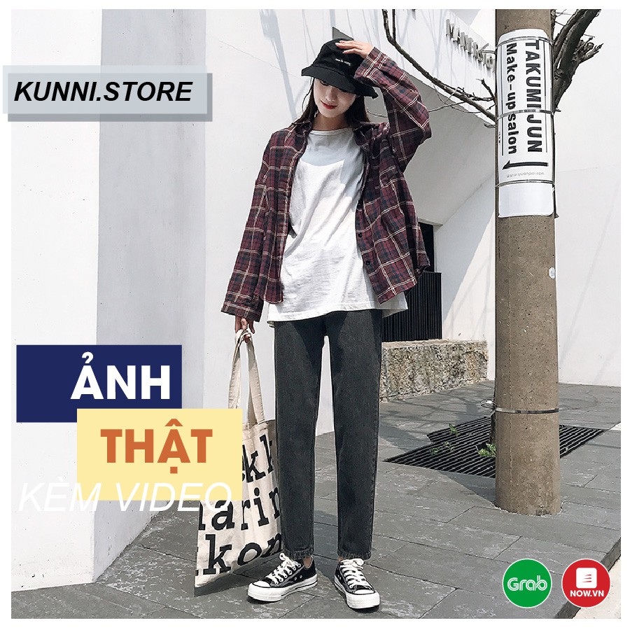 Quần baggy jean trơn cạp cao màu xám khói chất dày dặn phong cách ulzzang cao cấp