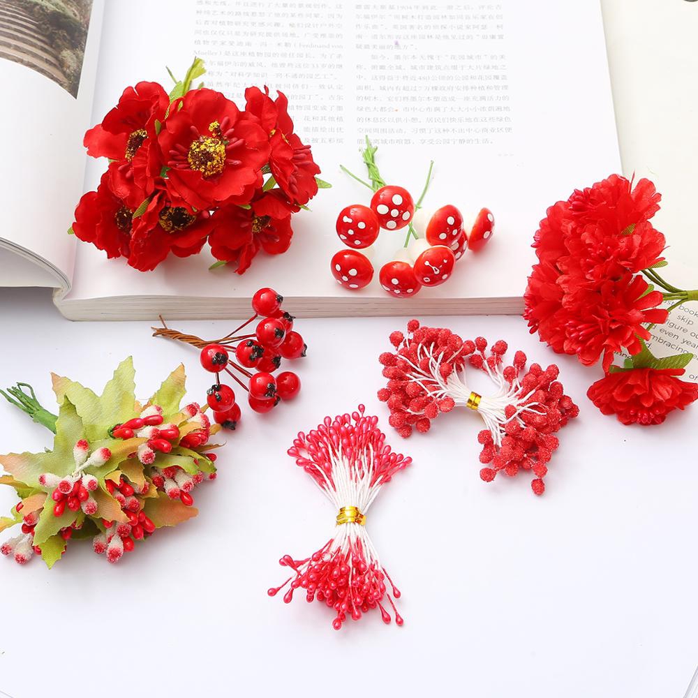 Bó hoa/trái cây giả màu đỏ dành cho trang trí hộp bánh cưới/ giáng sinh diy