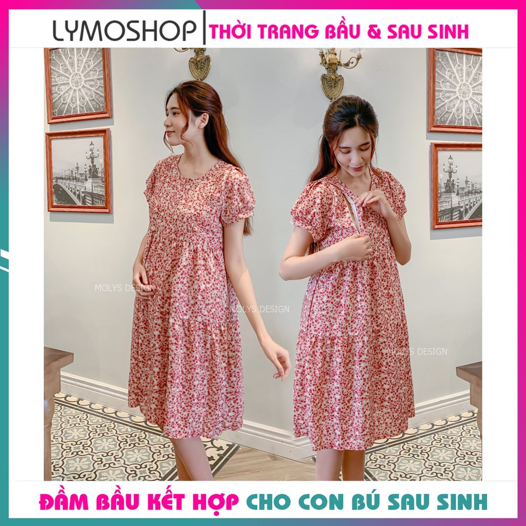 Đầm bầu kết hợp cho con bú sau sinh dáng babydoll ba tầng hoa nhí bèo ngực MOLYS VM6644 cúc điều chỉnh mặc hết thai kỳ