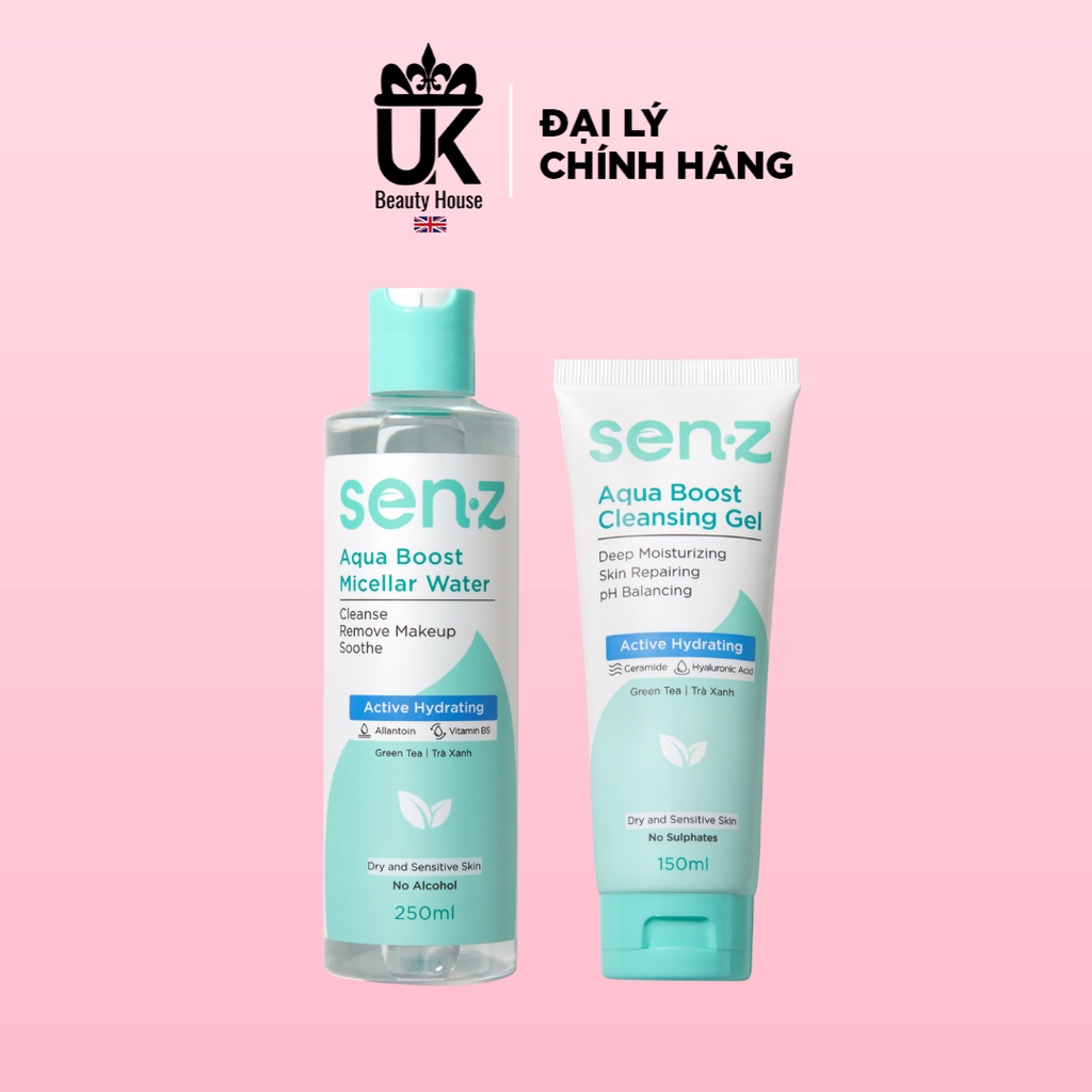 Combo Tẩy trang + Sữa rửa mặt SenZ Aqua Boost  Chiết Xuất Trà Xanh Làm Sạch Dưỡng Ẩm Sâu Cho Da Khô