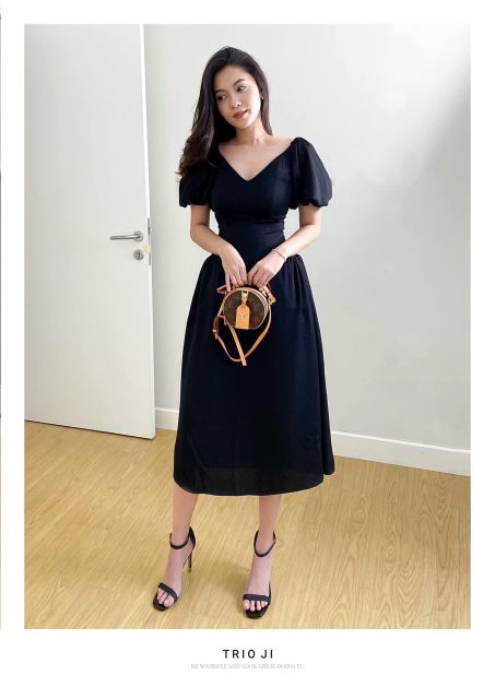 Đầm midi cổ V tay phồng bí 2 màu đen, trắng