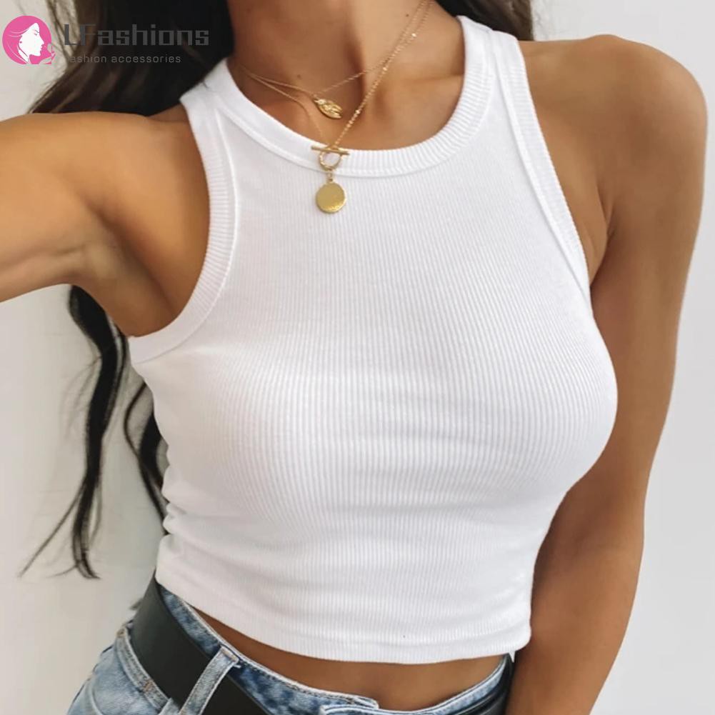 Áo Croptop Sát Nách Cổ Tròn Thiết Kế Màu Trơn Thanh Lịch