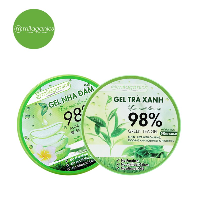 Combo Gel Trà Xanh + Gel Nha Đam Tươi Mát Làn Da Milaganics (300ml / Hộp)