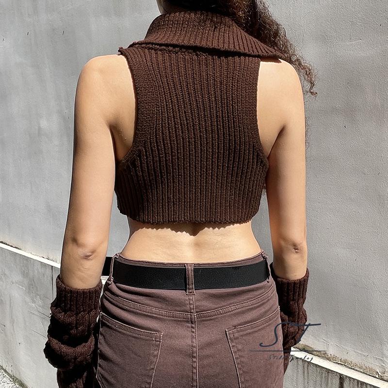 Áo Croptop Dệt Kim Không Tay Cổ Cao Màu Nâu Thời Trang Mùa Hè Cho Nữ CY03