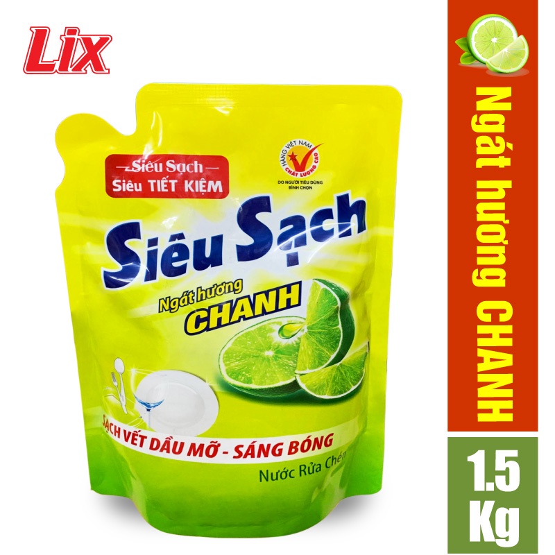 Nước rửa chén LIX 1.5KG siêu sạch hương chanh loại túi N4302 làm sạch vết bẩn dầu mỡ không hại da tay