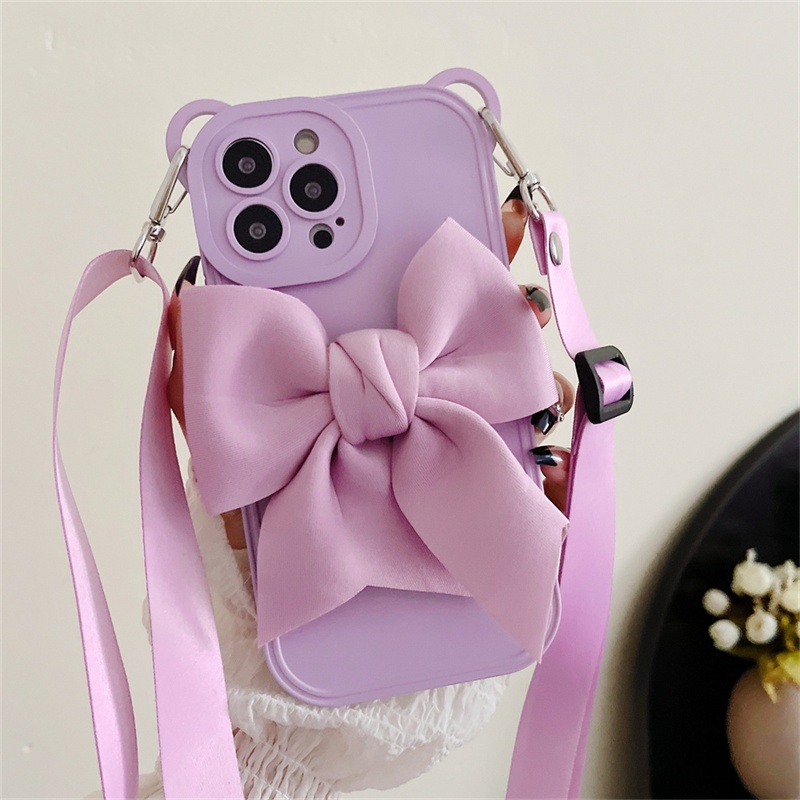 Ốp Điện Thoại Silicon Mềm Hình Tai Gấu 3D Dễ Thương Có Dây Đeo Chéo Cho iPhone 13 Pro Max 12 iPhone11