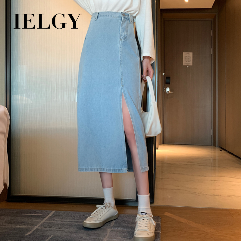 IELGY Chân váy jean dáng chữ A lưng cao thời trang retro cho nữ