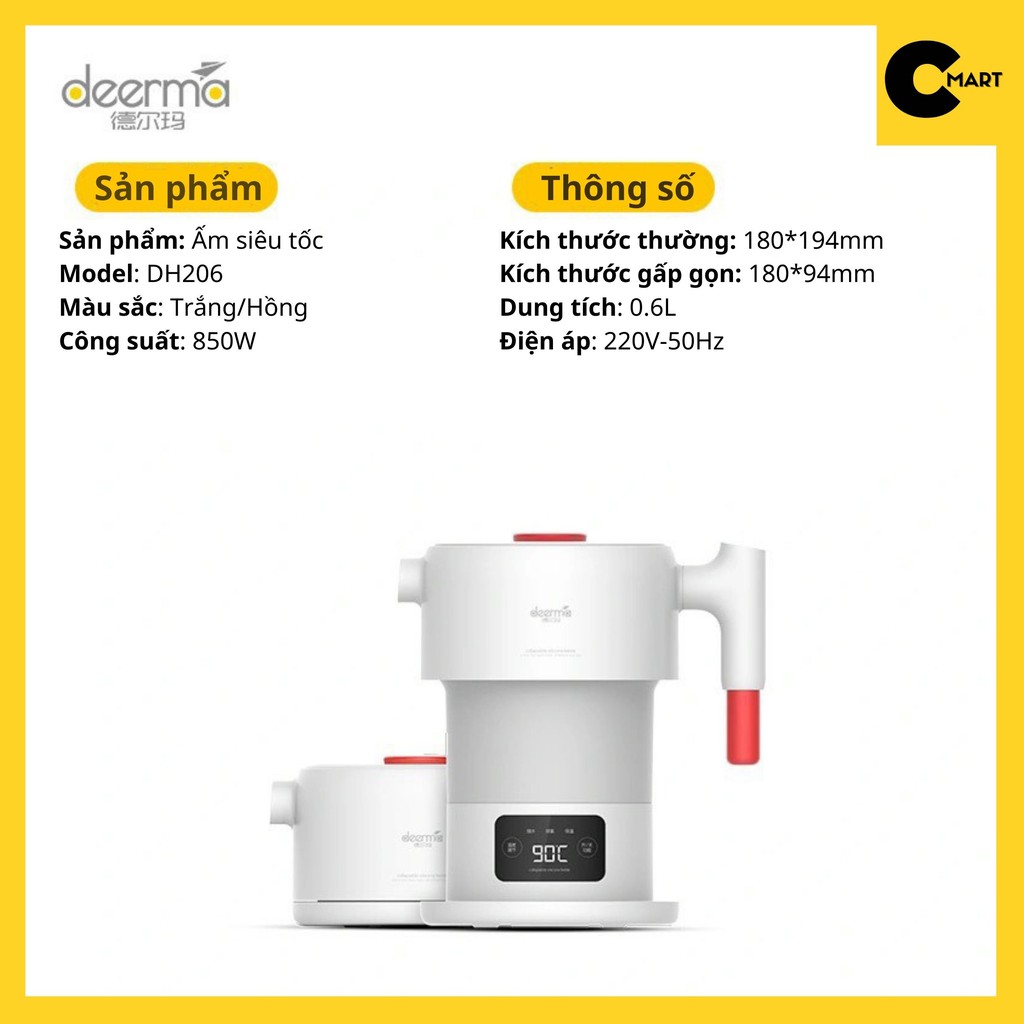 Ấm Siêu Tốc Gấp Gọn Deerma DH206-DH207 Dung Tích 0,6L [CMART GIA DỤNG TIỆN ÍCH]