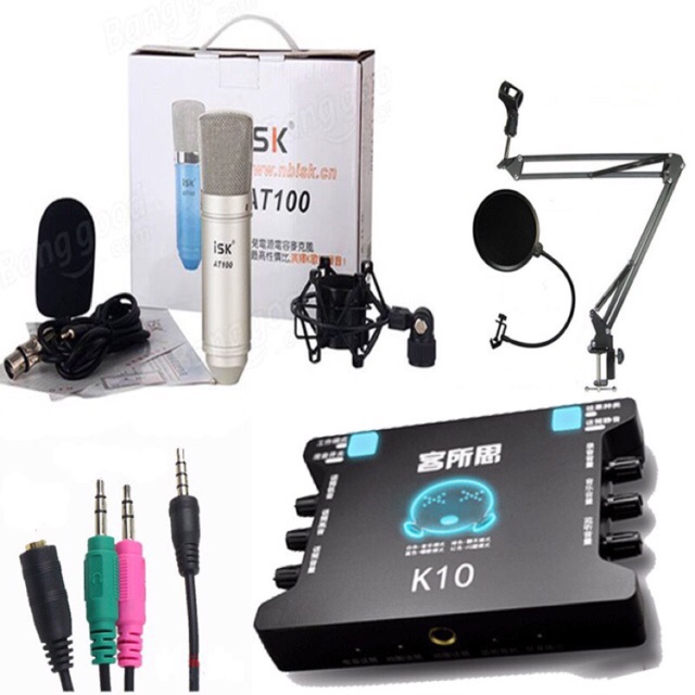 Combo bộ mic livestream hát karaoke thu âm micro isk at100,card k10(hoặc ks108), dây ma2, chân, màng lọc âm