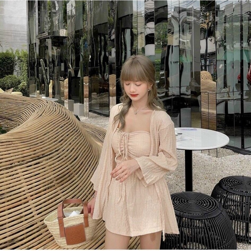 SET 3 MÓN: KHOÁC FORM DÀI +ÁO CROP RÚT DÂY NGỰC + CHÂN VÁY✨