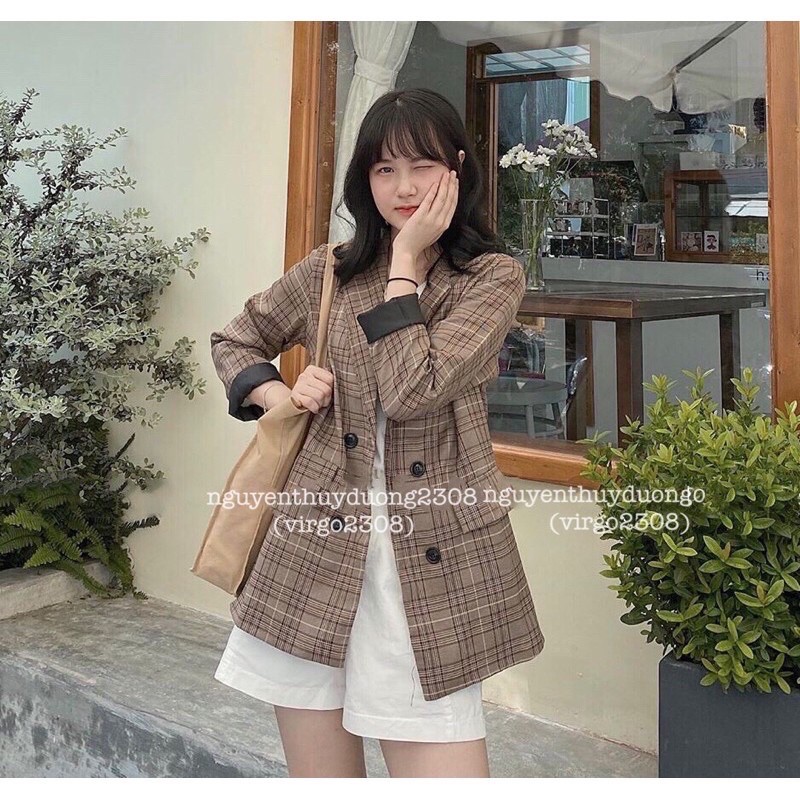 [Ảnh thật/Video]Áo blazer kẻ nâu 4 cúc Hàn Quốc/Áo blazer 2 lớp nắp túi màu kẻ nâu | BigBuy360 - bigbuy360.vn