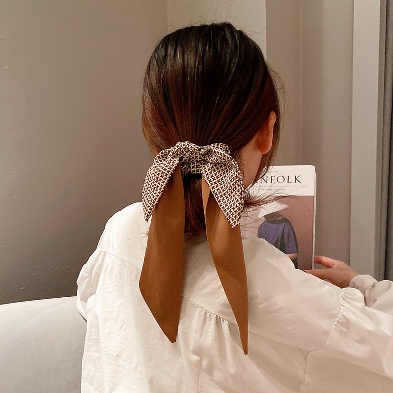 Dây buộc tóc kaki buộc nơ tua rua dễ thương cho phái nữ