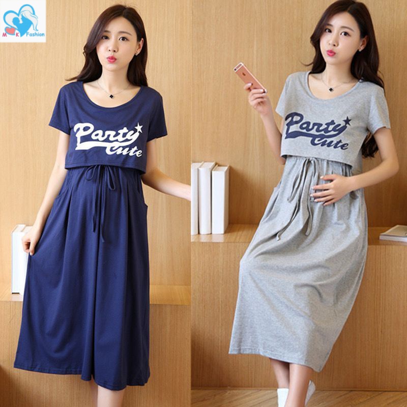 Đầm Tay Ngắn Dáng Rộng Thời Trang Phong Cách Hàn Quốc Cho Mẹ Bầu