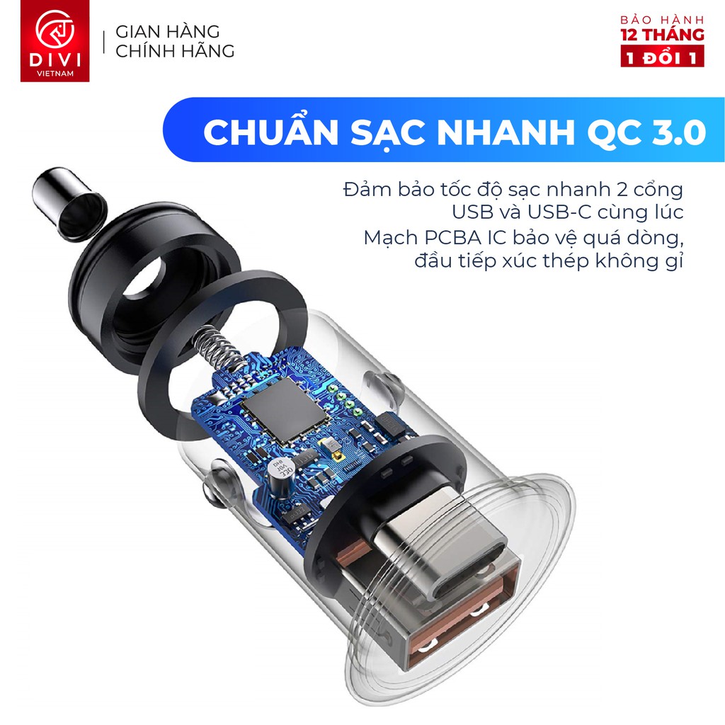 Tẩu sạc nhanh ô tô DIVI QD-H73 Sạc nhanh QC 3.0, PD Công suất 30W 2 cổng - Hàng chính hãng - Bảo hành 1 năm 1 đổi 1