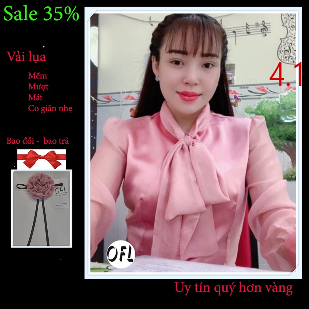 Áo sơ mi nữ lụa phối tay và cổ nơ voan vàng phong cách công sở đi chơi OFL A4.2
