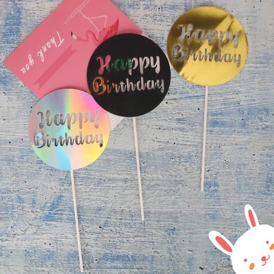 Phụ kiện cắm trang trí bánh kem hình tròn in chữ Happy Birthday lấp lánh thời trang DIY