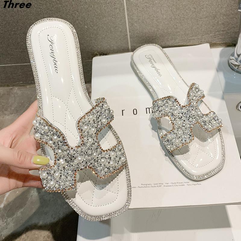 Women's shoes, slippers, women's outer wear, fashionable flat-bottomed rhinestone pearl beach cool