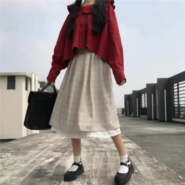 [có sẵn] Chân váy kẻ ren Mori Girl