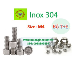 Bulong lục giác chìm đầu trụ size M4  inox bộ Thân + Ecu (Bộ TE) , ốc đầu trụ , ốc lục lăng đầu trụ inox, inox 304