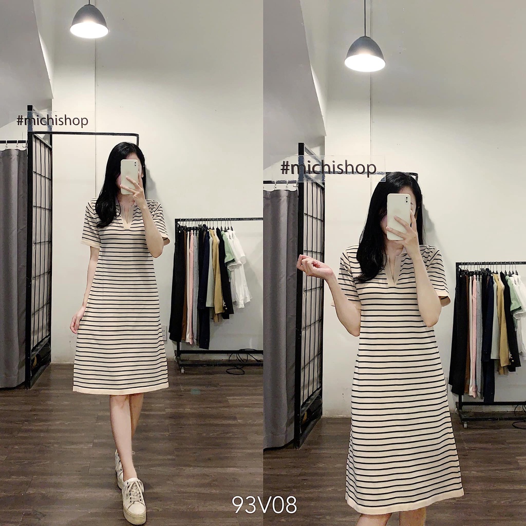 Váy polo len ngắn tay chữ A kẻ be đen - 93V08