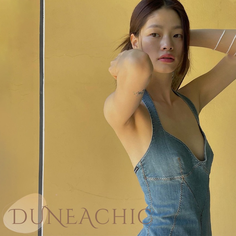 Đầm denim DUNEA cổ chữ V hở lưng phối khóa kéo phong cách cổ điển gợi cảm cho nữ