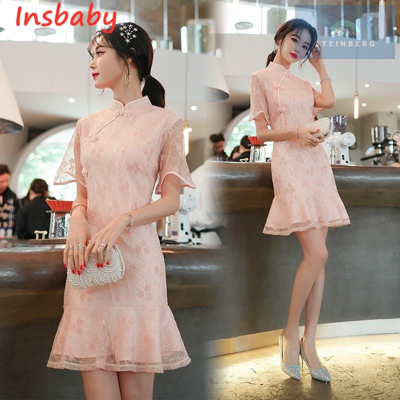 Đầm Sườn Xám Trung Hoa Cổ Đứng Dáng Chữ A Phối Bèo Màu Trơn Thời Trang Cho Nữ