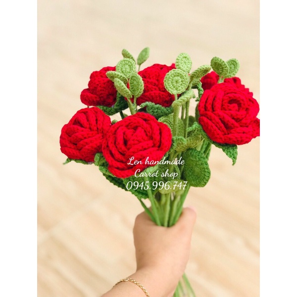 Cành hoa hồng bằng len, hoa hồng thủ công, nhánh hồng len (đặt trước)