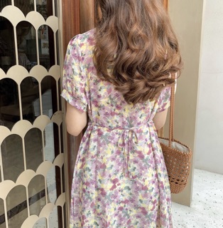 Váy hoa rối cổ V dây nơ (3)