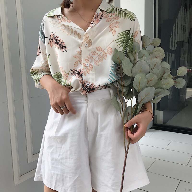 Áo sơ mi tay ngắn rộng in họa tiết hoa mùa hè cho nữ