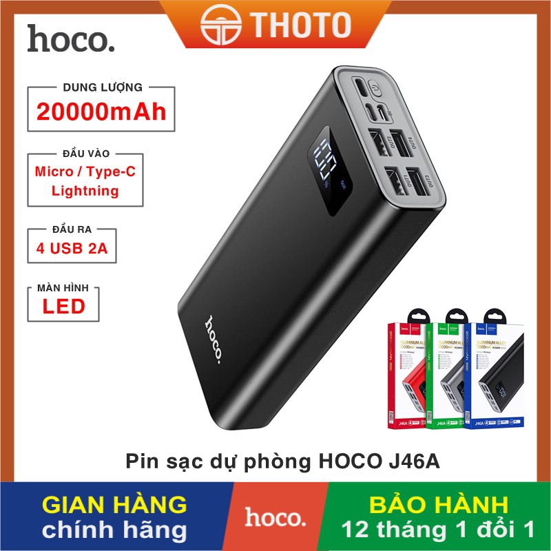 Pin sạc dự phòng di động HOCO J46A dung lượng cao 20000mAh, đầu ra 4 cổng USB 2A, có màn hình LED - Hàng chính hãng