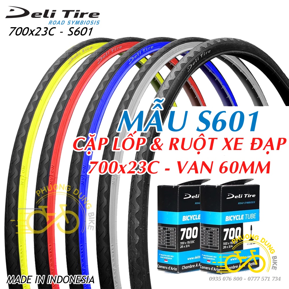 Cặp Lốp (vỏ) và Ruột (săm) xe đạp Deli Tire S601 700x23C (Lốp Màu) - Van dài 60mm