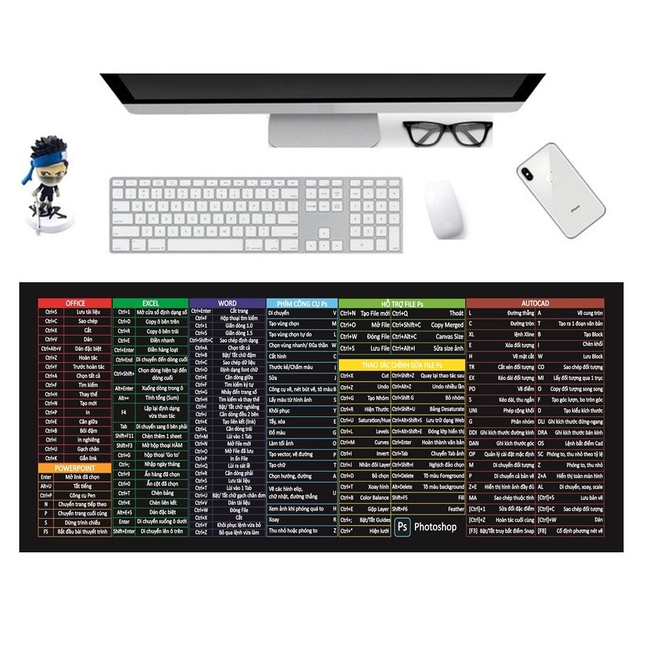 Lót chuột phím tắt văn phòng excel pad chuột cỡ lớn 80x30 70x30